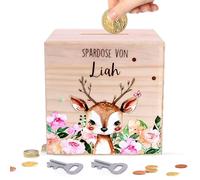 FitRepa Tirelire en Bois avec 2 clés - 10 x 10 cm - pour Enfant garçon/Fille - Cadeau de Naissance - Première rentrée des Classes - baptême