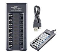 FiTspi Chargeur de batterie AA AAA à 8 emplacements, chargeur de batterie individuel avec entrée 5 V 2 A, fonction de charge rapide, piles rechargeables USB pour batteries rechargeables Ni-MH/Ni-Cd