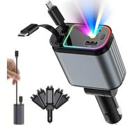 FiTspi Chargeur de voiture rétractable 4 en 1 avec lumière du ciel étoilé, 66 W USB C rapide avec adaptateur de voiture réglable à 180° compatible avec iOS 15/14/13/12 Galaxy S24/S23 Appareils Android
