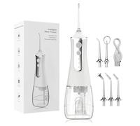 FiTspi Hydropulseur dentaire sans fil, 3 modes d'irrigateur buccal avec 5 embouts de jet, cure-dents dentaires portables, réservoir d'eau de 300 ml rechargeable par USB et étanchéité IPX7 pour le
