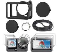 FiTSTILL Étui en caoutchouc silicone + pack de 3 protecteurs d'écran en verre trempé compatibles avec DJI Osmo Action 6, étui en caoutchouc et bouchons d'objectif et protecteurs d'écran et lanière