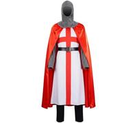Fituenly Costume De Chevalier Croisé Médiéval pour Adultes, Tunique Aux Couleurs du Drapeau Anglais avec Cape Rouge, Coiffe Ceinture en Cotte De Mailles, Tenue De Templier pour Saint-Georges