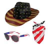 Fituenly Ensemble de Chapeaux de Cow-Boy Occidental Lunettes de Soleil Motif de Drapeau américain Chapeau de Cowgirl Vintage Chapeau de Cow-Boy imprimé Jazz Panama pour Hommes et Femmes