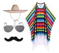 Fituenly Ensemble De Costumes De Fête Mexicaine pour Adultes Comprenant Un Poncho Mexicain, Un Chapeau Sombrero, des Lunettes De Une Fausse Moustache pour Le Costume De Carnaval d'halloween Cinco De