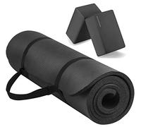 Fitvids Tapis de yoga multi-usage extra épais de 1,27 cm haute densité anti-déchirure avec sangle de transport et blocs de yoga, noir