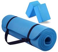 Fitvids Tapis de yoga multi-usage extra épais de 1,27 cm haute densité anti-déchirure avec sangle de transport et blocs de yoga, bleu