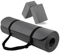 Fitvids Tapis de yoga multi-usage extra épais de 1,27 cm haute densité anti-déchirure avec sangle de transport et blocs de yoga, gris