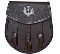 Fitworth Sporran écossais 100 % cuir véritable avec chardon et 3 pompons | Élégant et élégant avec ceinture en chaîne, marron, Adjustable, fitting waist sizes from 28 to 48 inches