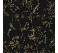 Fiula Papier Peint Autocollant Avec Motif D'Oiseaux Et Fleurs, Film Adhésif Pour Meubles, Noir Et Doré, 41Cm × 3M