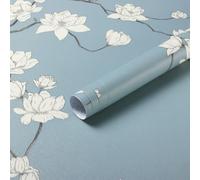 Fiula Papier Peint Autocollant Motif Fleurs 44Cm X 10M Bleu Gris Beige Film Mural Imperméable En Vinyle Film Pour Meubles Pour Salon, Chambre À Coucher Vintage Floral