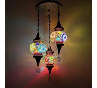 Fiunkes Lustre Turc à 3 Globes en mosaïque, Bronze marocain bohème, Abat-Jour Rouge, Blanc, Bleu et Vert, Lampe Suspendue pour Cuisine, Chambre à Coucher, café, Salon, entrée,Coloré
