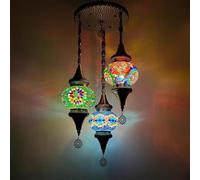 Fiunkes Lustre Turc à 3 Globes en mosaïque, Bronze marocain bohème, Abat-Jour Rouge, Blanc, Bleu et Vert, Lampe Suspendue pour Cuisine, Chambre à Coucher, café, Salon, entrée,Bleu