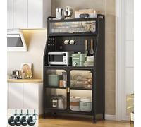 Fiutazge Buffet Haut Cuisine avec roulettes et Étagères Réglables,Installation sans Vis,Meuble de Rangement avec Plan de Travail,Vaisselier,Armoire pour Salle à Manger,Salon 160x86x36cm Noir