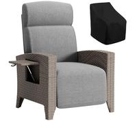 Fiutazge Chaise Longue Bain de Soleil en Rotin avec Dossier Réglable,Coussin Amovible,Fauteuil Relax Jardin pour Balcon Terrasse Veranda,Rotin Marron et Coussin Gris-Porte Gobelet Droite