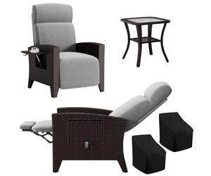Fiutazge Set de 3X Chaise Longue Bain de Soleil en Rotin avec Dossier Réglable,Coussin épais Amovible,Fauteuil Relax Jardin ave Table de Balcon pour Terrasse Veranda,Rotin Noir et Coussin Gris