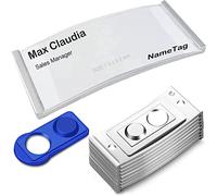 FIVAVA Lot de 10 badges nominatifs magnétiques pour vêtements - Avec insert en papier - Transparents - Courbes tendance - 75 x 32 mm - Argenté