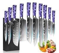FIVE COWS Coffret de couteaux, 10 pièces, manche en résine, ensemble de couteaux de cuisine avec couteau de chef, couteau à pain, couteau santoku et couteau d'office, motif Damas (Violet2)