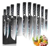 FIVE COWS Coffret de couteaux, 10 pièces, manche en résine, ensemble de couteaux de cuisine avec couteau de chef, couteau à pain, couteau santoku et couteau d'office, motif Damas (Noir)