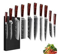 FIVE COWS Coffret de couteaux, 10 pièces, manche en résine, ensemble de couteaux de cuisine avec couteau de chef, couteau à pain, couteau santoku et couteau d'office, motif Damas (Rouge)