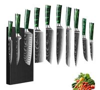 FIVE COWS Coffret de couteaux, 10 pièces, manche en résine, ensemble de couteaux de cuisine avec couteau de chef, couteau à pain, couteau santoku et couteau d'office, motif Damas (Vert)