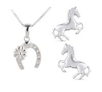 FIVE-D Pendentif avec chaîne et boucles d'oreilles pour enfant Poney cheval en argent 925 dans un étui à bijoux, Argent 925