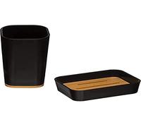 FIVE Kit SDB Noir Natureo, Polystyrène et Bambou, Porte-Savon : 11,9 x 8,7 x 2,8 cm Verre : 11,6 x 7,3 x 7,3 cm