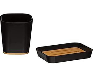 FIVE Kit SDB Noir Natureo, Polystyrène et Bambou, Porte-Savon : 11,9 x 8,7 x 2,8 cm Verre : 11,6 x 7,3 x 7,3 cm