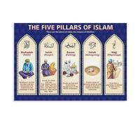 Five Pillars of Islam Poster Shahada Salat Zakat Sawm Hajj Arkān al-Islām Educational Wall-Art for Muslim Home Mosque Classroom Decor(Unframed,12X18inch(30X45cm))