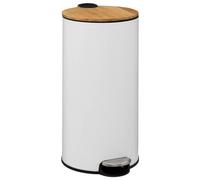 Five Poubelle 30 Litres en Métal Blanc et Couvercle en Bambou