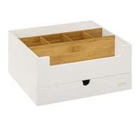 Organiseur De Salle De Bain Rangement Maquillage 1 Tiroir Et 9 Compartiments Blanc Et Bambou