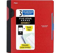 Five Star Advance 73134 Carnet à spirales avec application d'étude, 3 sujets, papier ligné universitaire, 27,9 x 21,6 cm, 150 feuilles, avec protège-spirale et séparateurs mobiles, rouge feu