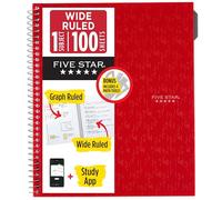 Five Star Carnet à spirale + application d'étude, 1 sujet, papier ligné large de 20,3 x 26,7 cm, comprend 4 outils mathématiques, 100 feuilles, rouge (620025B)