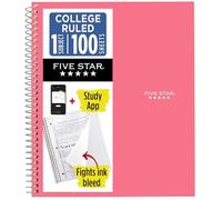 Five Star Carnet à spirale + application d'étude, 1 sujet, papier ligné pour université, 21,6 x 27,9 cm, 100 feuilles, combat les bavures d'encre, couverture résistante à l'eau, rose bal de promo