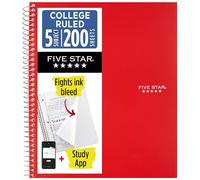 Five Star Carnet à spirale + application d'étude, 5 sujets, papier ligné pour université, 21,6 x 28 cm, 200 feuilles, combat les bavures d'encre, couverture résistante à l'eau, rouge feu (72077)
