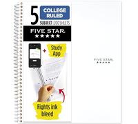 Five Star Carnet à spirale + application d'étude, 5 sujets, papier ligné universitaire, combat les bavures d'encre, couverture résistante à l'eau, 21,6 x 28 cm, 200 feuilles, blanc (72460)