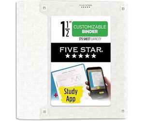 Five Star Classeur à 3 anneaux, 3,8 cm avec anneaux en D, couverture transparente personnalisable + application d'étude, poli, blanc (261460A-ECM)