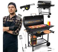 Five-Star Grill & Chill Barbecue charbon de bois - barbecue de jardin, barbecue charbon grande grille chromée 71×35 cm, couvercle, cendrier, thermomètre, deux roues de transport, BBQ, GC0002