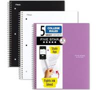 Five Star Lot de 3 cahiers à spirale avec application d'étude, 5 sujets, papier ligné universitaire, 200 feuilles, 27,9 x 21,6 cm, école, câblé, couleurs assorties (38500)