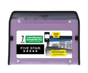 Five Star Organiseur de fichiers extensible à 7 poches, dossiers en plastique extensible avec onglets personnalisables et couverture transparente, peut contenir 28 x 21,6 cm, fermeture éclair, violet