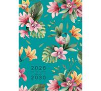 Five Year Planner 2026-2030: A5 Monthly Notebook Organizer Small | Orchid Flower Tropical Leaf Design Teal