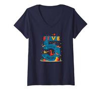 Five Years of Awesome : Dino Adventure Birthday Celebration T-Shirt avec Col en V, Femme, Bleu Marine, L