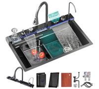 FIVIXIL Évier de cuisine Évier à cascade numérique Whale avec lave-tasses, distributeur de savon, sortie de cascade Flying Rain, commande de table et autres fonctions (Gris canon, 90 * 50 * 22cm)