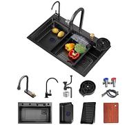 FIVIXIL Evier de cuisine Evier simple Flying Rain Waterfall avec robinetterie extractible, lave-tasses sous pression, planche à découper, égouttoir et autres accessoires (gris canon, 85 * 45 * 21cm)