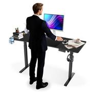 FIVMEN Bureau électrique réglable en hauteur 120 x 60 cm avec port de charge de type C, crochet pour casque et porte-gobelet, siège électrique avec fonction mémoire, noir