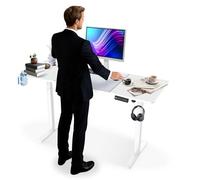 FIVMEN Bureau électrique réglable en hauteur 140 x 60 cm avec port de charge de type C, crochet pour casque et porte-gobelet, siège électrique avec fonction mémoire, blanc