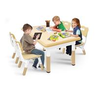 FIVMEN Table pour enfant avec 4 chaises en plastique - Hauteur réglable - Pour garçons et filles à partir de 2 ans - Couleur bois