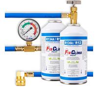 FixClima R134a/R12 Kit de recharge professionnel - 2 cans de gaz de remplacement pour voiture avec manomètre et tuyau en cuivre robuste - forte performance de refroidissement, respectueux de l