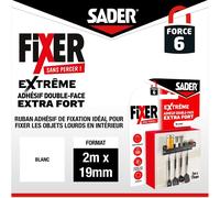 Fixer Sans Percer Extrême-Adhésif Double Face Extra Fort-Intérieur-Surfaces Multiples-Supporte Jusqu'à 10 Kg-Coloris: Blanc-2m X 19mm