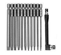 Fixinus Lot de 11 embouts de tournevis Torx longs, tige hexagonale magnétique 1/4", acier S2, 75 mm de long, embouts Torx de sécurité T6-T40, avec porte-embout de tournevis coudé en L