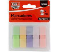 Fixo Notes | Marqueurs adhésifs transparents | 5 couleurs pastel avec distributeur | 12 x 24 mm | Blocs de 20 feuilles | Plastique translucide | repositionnable | Résistant à l'eau | Permet l'écriture